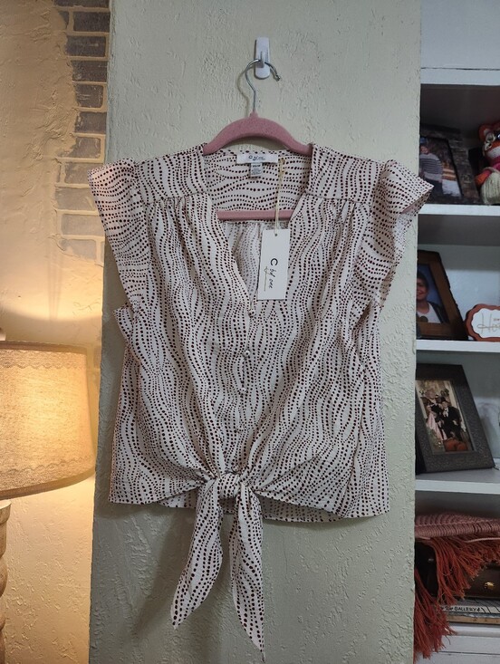 C By One Tops - C By One Collective Ivory and Brown Dot-Print Tie-Front Blouse Size Xsmall P2p19